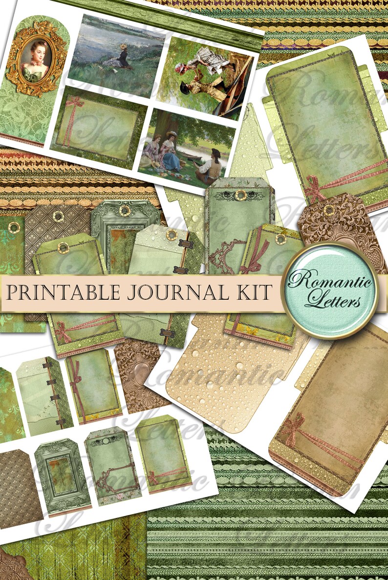 May include: A printable journal kit featuring a collage of vintage ephemera. The design includes tags, frames, and decorative elements in shades of green, brown, and cream. The text "Printable Journal Kit" is visible.