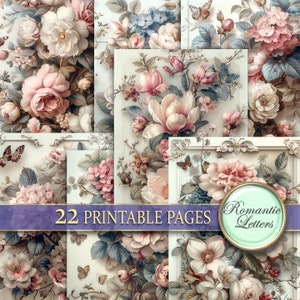 Paquete de papel digital para scrapbooking imprimible con diseño de boda Shabby Chic, papel digital para decoupage con diseño floral rosa, diario basura con flores rosas victorianas