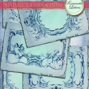 Digital printable scrapbook frames paper printable paper pack junk journal blank pages vintage craft paper blue background shabby chic A4 image 5