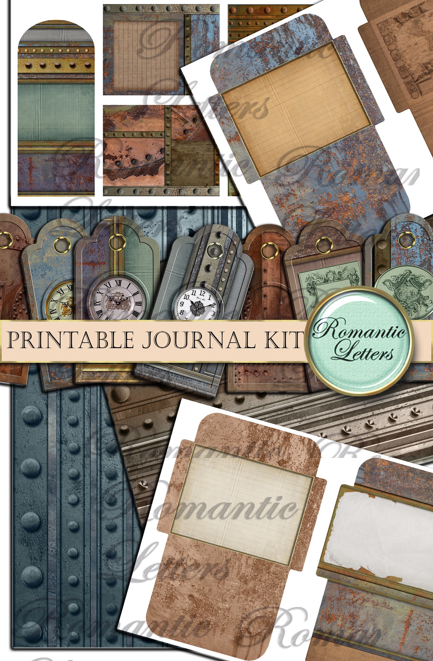 スチームパンク風の印刷可能なジャンクジャーナルキット、デジタル