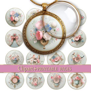 May include: A collection of floral-themed digital clipart and printable pages. The designs feature pastel colors, flowers, buttons, and birds. The main image is a gold-framed pendant with a magnifying glass and a floral design. The text "Clipart + Printable Pages" is displayed.