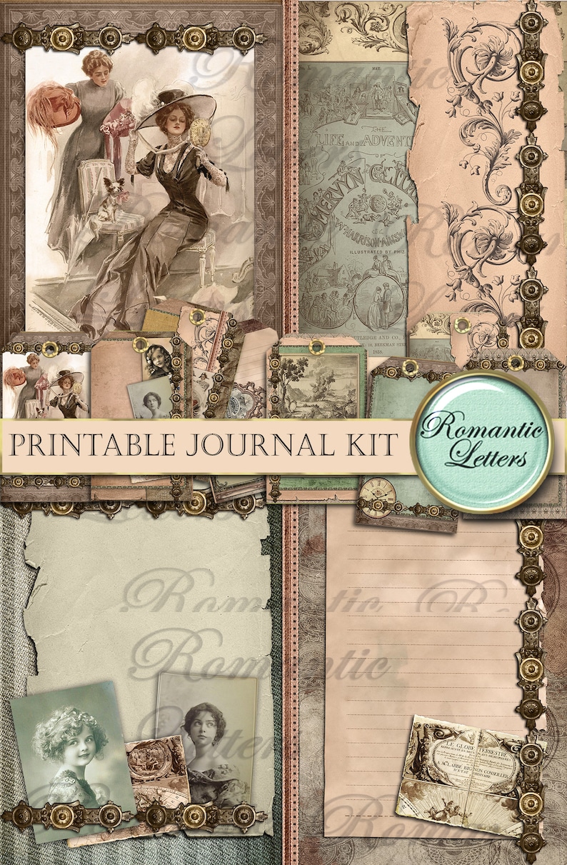 May include: Printable journal kit with vintage illustrations and decorative elements. The kit includes images of women in vintage clothing, floral patterns, and text in French. The kit is perfect for scrapbooking, journaling, and other creative projects.