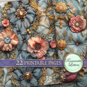 May include: A digital collage sheet with 22 printable pages featuring a vintage, ornate design with gold accents, pink flowers, and jewels. The text "Romantic Letters" is in a circle at the bottom right corner of the image. The text "22 Printable Pages" is in a banner at the bottom center of the image.