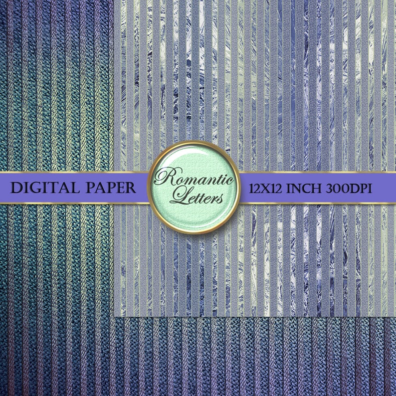 May include: Two digital paper designs with vertical stripes in shades of blue and white. The text "Romantic Letters" and "12x12 inch 300dpi" is on a purple ribbon.