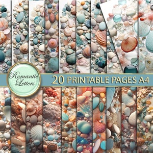 Conchas de mar de playa, papel para álbum de recortes digital, fondo de arena de playa imprimible, páginas para invitación de fiesta de boda en la playa, arena de océano tropical