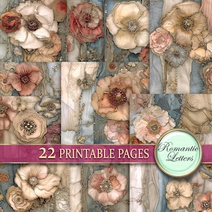 Victorian Digital druckbares Scrapbook Papier Pack floraler Junk Journal Seiten Shabby Chic Blumen Vintage druckbares Kraftpapier Seidenstickerei