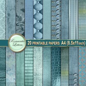 Digital printable scrapbook paper pack journal pages backgrounds vintage digital printable craft paper texture  A4 8,5x11 teal dusty blue
