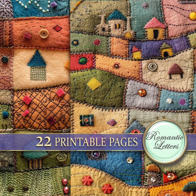 May include: A digital paper pack with 22 printable pages featuring a patchwork quilt design with houses, trees, and other details. The text "Romantic Letters" is on a circle in the lower right corner.