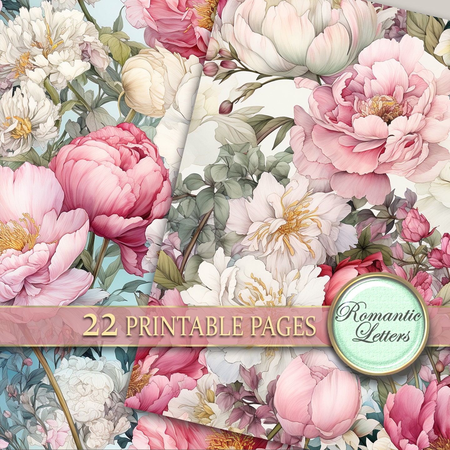 Peony Roses Digital Scrapbook Paper Pack Shabby Chic Flower Botanical ...