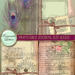 May include: A printable journal kit with a vintage aesthetic. The kit includes pages with handwritten text, a clock face, peacock feathers, and lace trim. The kit is 8.5 inches by 11 inches.