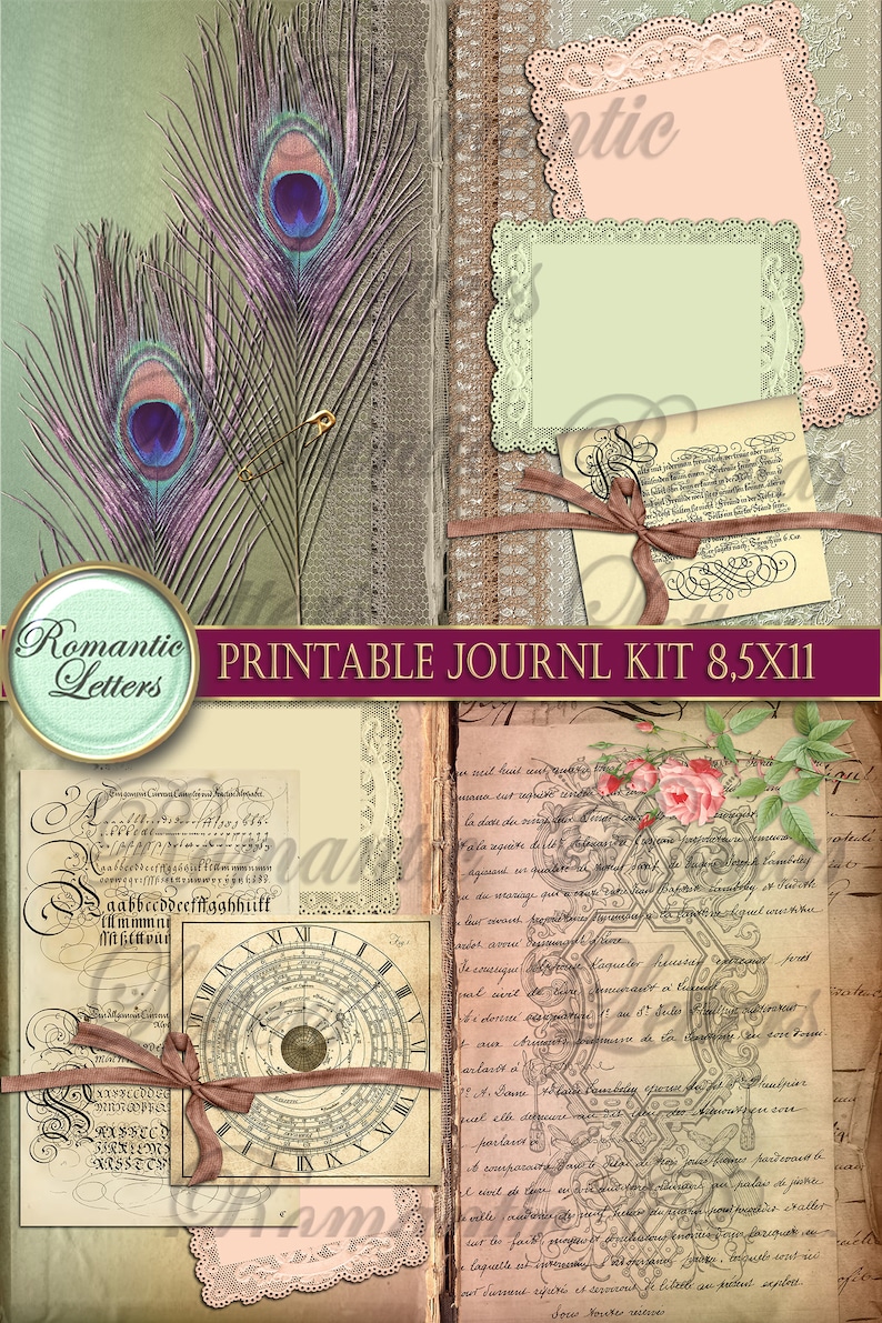 May include: A printable journal kit with a vintage aesthetic. The kit includes pages with handwritten text, a clock face, peacock feathers, and lace trim. The kit is 8.5 inches by 11 inches.