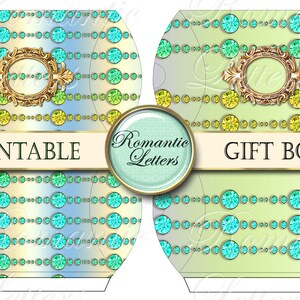 Puede incluir: Plantillas de cajas de regalo imprimibles con un fondo azul claro y verde con un patr&oacute;n de c&iacute;rculos turquesa y amarillos. El texto "Printable" y "Gift Boxes" se muestra en la plantilla. El texto "Romantic Letters" se muestra en un c&iacute;rculo.