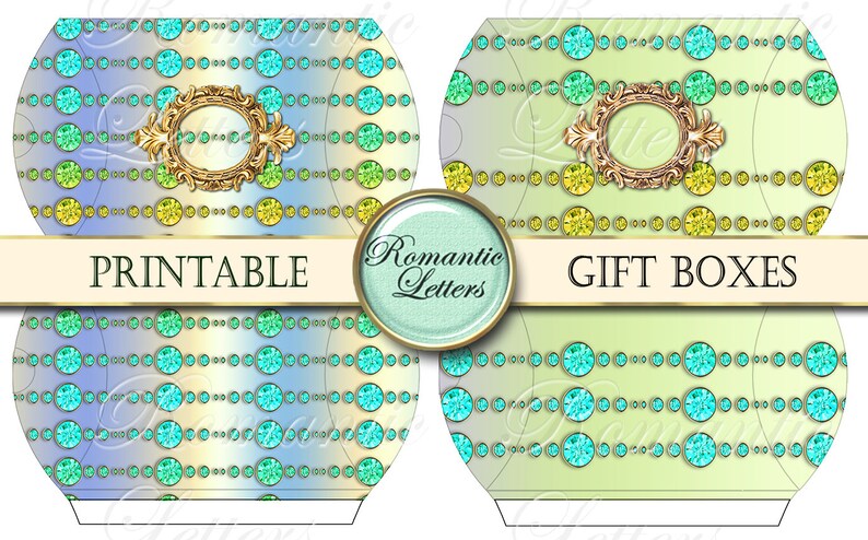Puede incluir: Plantillas de cajas de regalo imprimibles con un fondo azul claro y verde con un patr&oacute;n de c&iacute;rculos turquesa y amarillos. El texto "Printable" y "Gift Boxes" se muestra en la plantilla. El texto "Romantic Letters" se muestra en un c&iacute;rculo.