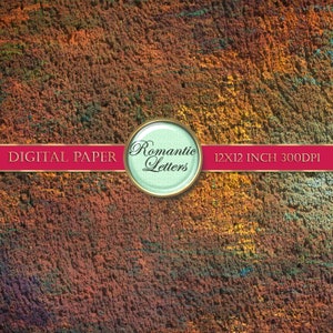 May include: Digital paper background with a textured, iridescent surface in shades of brown, orange, and yellow. The text "Romantic Letters" is in a circle with a gold border and a light blue background. The text "12x12 inch 300dpi" is also included.