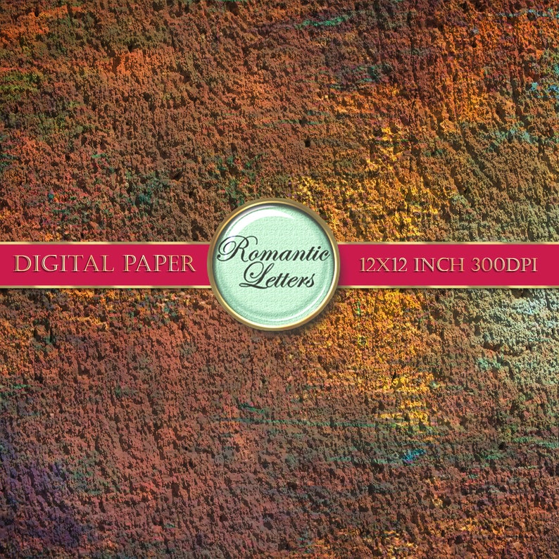 May include: Digital paper background with a textured, iridescent surface in shades of brown, orange, and yellow. The text "Romantic Letters" is in a circle with a gold border and a light blue background. The text "12x12 inch 300dpi" is also included.