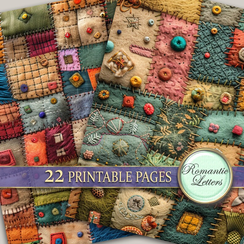 May include: 22 printable pages of patchwork fabric designs. The fabric is a mix of colors and textures, including brown, green, blue, red, and yellow. The fabric is stitched together in a random pattern, creating a unique and interesting design. The fabric is perfect for scrapbooking, card making, and other craft projects.