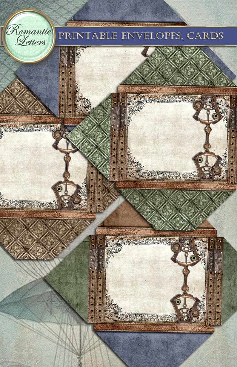Op de afbeelding: Printbare enveloppen en kaarten met een steampunk-ontwerp. De kaarten hebben een bruin houten frame met ingewikkelde details en een messingkleurig tandwielmechanisme.