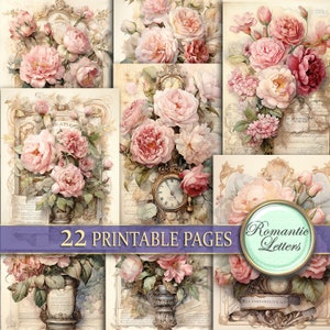 Confezione di carta per album digitale floreale, pagine di diario spazzatura, fiori di rosa shabby chic, carta antica vintage, carta da matrimonio, carta rosa vittoriana A4