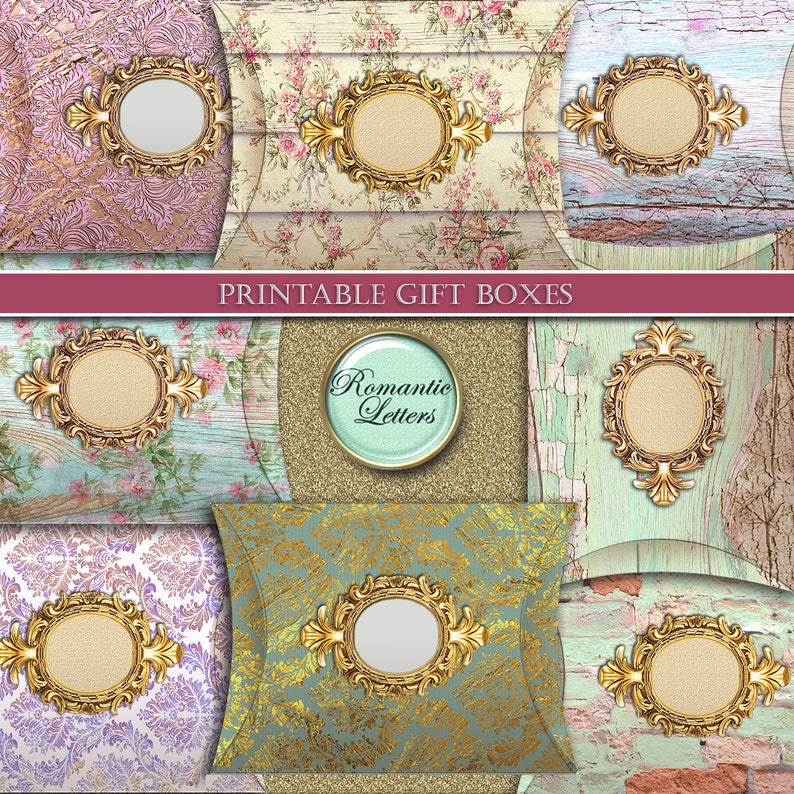 May include: Printable gift box templates featuring a romantic theme with floral patterns, gold accents, and ornate frames. The text "Printable Gift Boxes" and "Romantic Letters" is included in the image.
