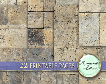 May include: A digital paper pack with 22 printable pages featuring a stone wall texture. The pages are designed for use in digital scrapbooking, card making, and other paper crafts. The image includes the text "22 Printable Pages" and "Romantic Letters".
