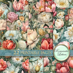 Tulpen digitales Scrapbook Papier Set Shabby Chic Blume Botanische digital bedruckbare Junk Journal Seiten floral Musterdesign A4