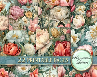 Tulips digital scrapbook paper pack Shabby Chic flower Botanical digital printable junk journal pages floral seamless patterns watercolor A4