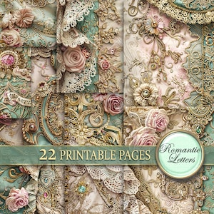 Digital bedruckbares Scrapbook Papier Pack Junk Journal Seiten Shabby Chic Barock luxus druckbares Kraftpapier Viktorianische Stickerei goldene Spitze