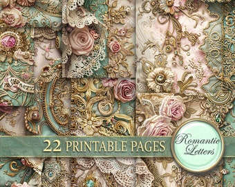 Könnte beinhalten: Eine Collage aus 22 druckbaren Seiten mit filigranen Designs mit goldenen Akzenten, Spitze und rosafarbenen Rosen. Der Text "Romantic Letters" und "22 Printable Pages" ist im Bild enthalten.