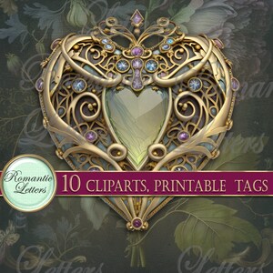 May include: A gold heart-shaped frame with intricate details and a green gem in the center. The frame is decorated with purple and blue gemstones. 10 CLPARTS, PRINTABLE TAGS.