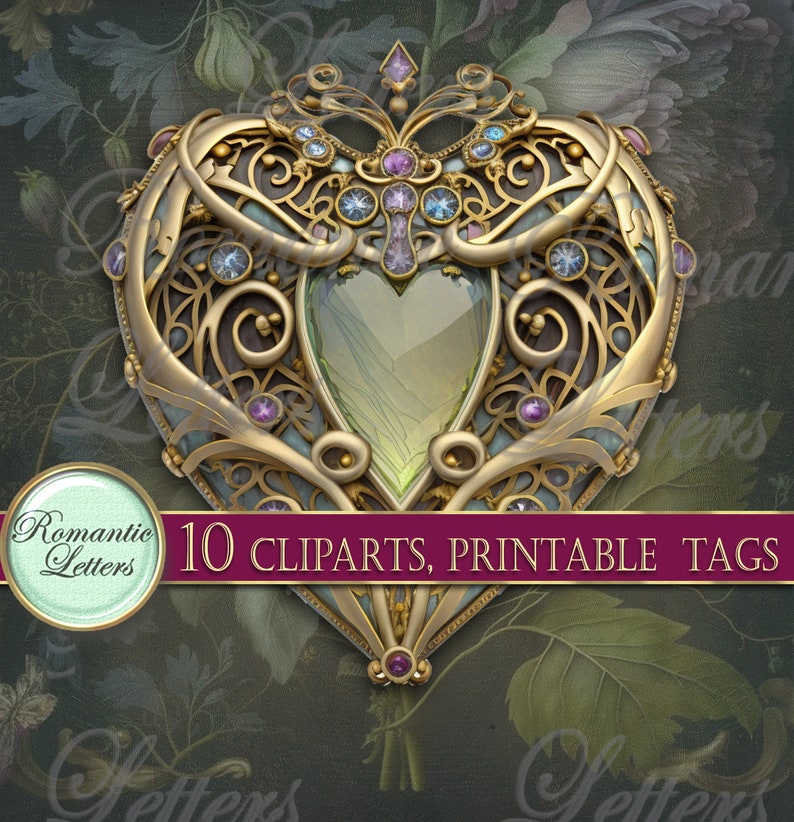 May include: A gold heart-shaped frame with intricate details and a green gem in the center. The frame is decorated with purple and blue gemstones. 10 CLPARTS, PRINTABLE TAGS.