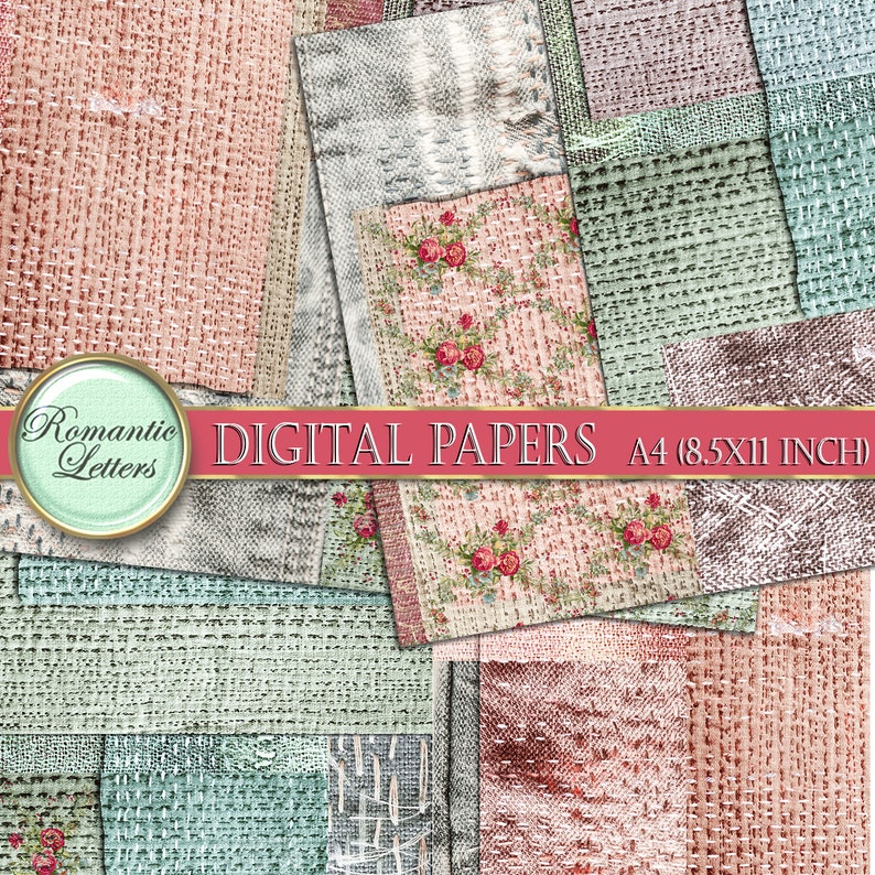 May include: A digital paper pack with 10 different patterns featuring a variety of textures and colors, including pink, green, and brown. The patterns are arranged in a patchwork style and include floral designs. The text "Romantic Letters DIGITAL PAPERS A4 (8.5X11 INCH)" is displayed on the image.