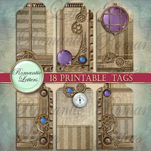 May include: Set of 18 printable gift tags featuring a steampunk design with gears, cogs, and metal accents. The tags are in shades of brown, gold, and blue with purple accents.