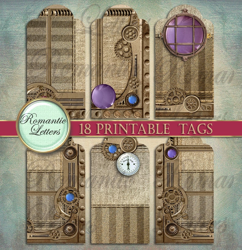 May include: Set of 18 printable gift tags featuring a steampunk design with gears, cogs, and metal accents. The tags are in shades of brown, gold, and blue with purple accents.