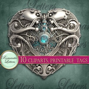 May include: A silver heart-shaped design with intricate details and a blue gemstone in the center. The heart is surrounded by a delicate filigree pattern. 10 Cliparts, Printable Tags.