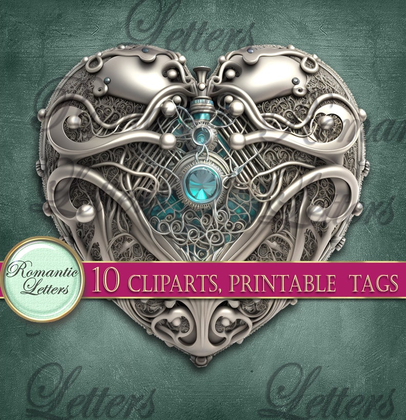 May include: A silver heart-shaped design with intricate details and a blue gemstone in the center. The heart is surrounded by a delicate filigree pattern. 10 Cliparts, Printable Tags.