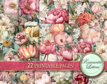 Può includere: Un collage di 22 pagine stampabili con motivi floreali con fiori rosa, bianchi e verdi. Il testo "Romantic Letters" e "22 Printable Pages" è incluso nell'immagine.