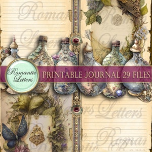 May include: Vintage-style printable journal with lined pages, decorative bottles, and an owl illustration. The journal features the text "Romantic Letters" and "Printable Journal 29 Files". The design includes floral and butterfly accents.