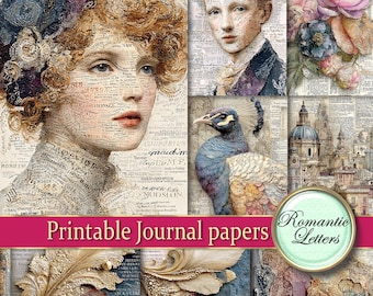 Mixed Media Junk Journal Papier: Scrapbook, Vintage Krantentextuur (Digitaal printbaar A4)