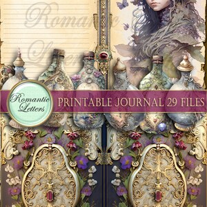 May include: Digital printable journal with a vintage aesthetic. The image features ornate bottles, floral accents, and a portrait of a woman with floral headwear. The text reads "Romantic Letters" and "Printable Journal 29 Files".