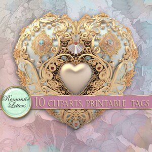 May include: A large, ornate, gold heart with a smaller, silver heart in the center. The heart is decorated with intricate details and jewels. The background is a soft, floral pattern.