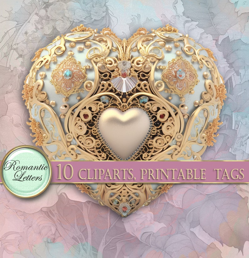 May include: A large, ornate, gold heart with a smaller, silver heart in the center. The heart is decorated with intricate details and jewels. The background is a soft, floral pattern.