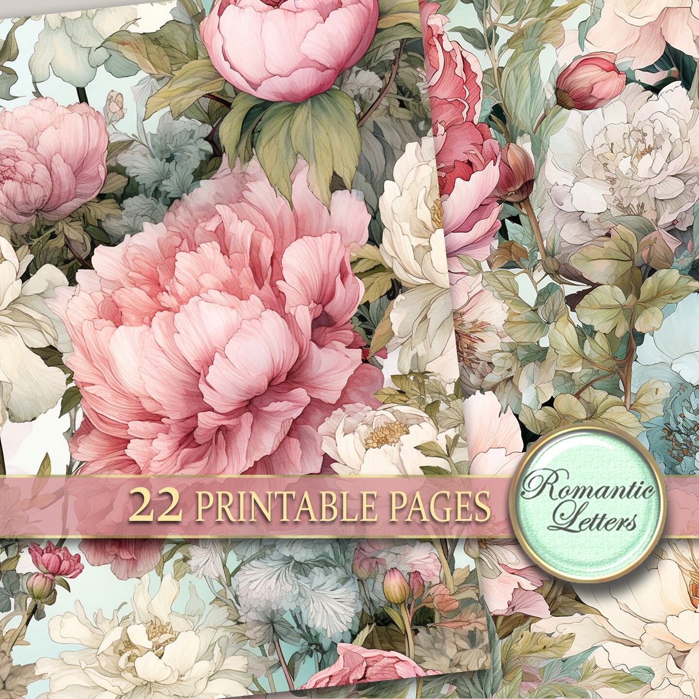 Peony Roses Digital Scrapbook Paper Pack Shabby Chic Flower Botanical ...