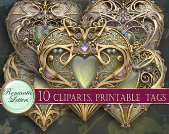Étiquettes imprimables numériques de clip art fantastique, étiquettes de journal indésirable elfes, étiquettes de scrapbooking numérique, décorations fantastiques, clip art bijoux fantaisie coeur PNG