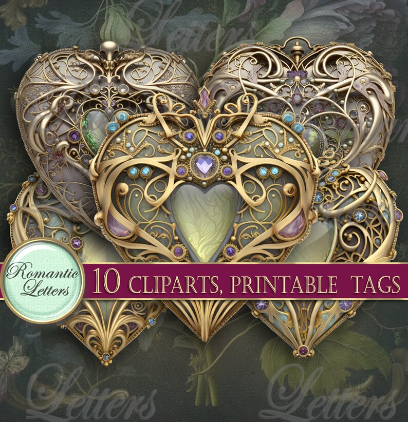 May include: Ten ornate gold heart-shaped frames with intricate details, including swirls, jewels, and a green and gold center. The frames are layered on top of each other, creating a sense of depth and dimension. The text "10 CLPARTS, PRINTABLE TAGS" is displayed at the bottom of the image.