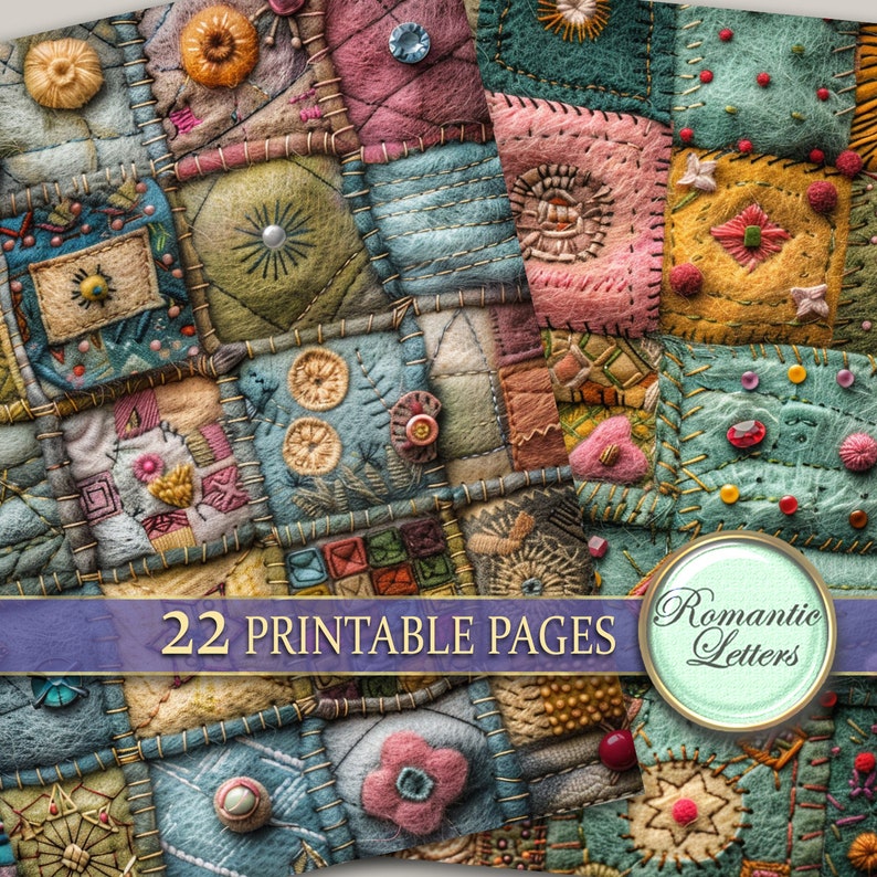 May include: A digital paper pack with 22 printable pages featuring a patchwork quilt design with various colors and textures. The quilt is made of different fabrics and has a variety of embellishments, including buttons, beads, and embroidery. The text "Romantic Letters" is visible in the bottom right corner of the image.