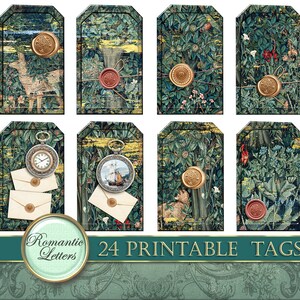 May include: Set of 24 printable tags featuring a vintage tapestry design with a green, brown, and gold color scheme. The tags include images of a deer, a ship, a clock, and a seal. The text "Romantic Letters" and "24 Printable Tags" is included on the tags.