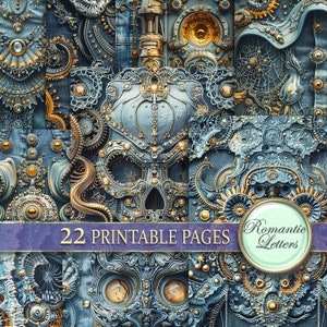May include: A digital collage of 22 printable pages featuring a steampunk design with intricate details in gold and blue. The design includes gears, skulls, and other mechanical elements.