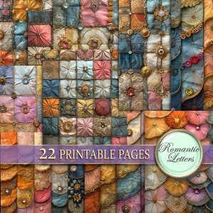 Puede incluir: Un paquete de papel digital con 22 páginas imprimibles que presenta un diseño de patchwork de cuadrados de tela coloridos, cintas y adornos. El diseño incluye varios tonos de rosa, azul, dorado y marrón. El texto "Romantic Letters" es visible en la imagen.