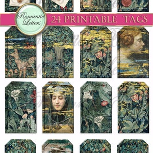 May include: 24 printable tags featuring a tapestry design with a green, blue, and gold color scheme. The tags have a vintage aesthetic and feature images of a deer, a fountain, a woman, and flowers.