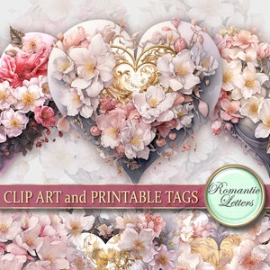 Valentine Herz Clip Art Valentinstag Cliparts Valentinstag Cliparts floral shabby chic druckbare Papieranhänger Sublimation Design Transferbilder Sakura Blüte